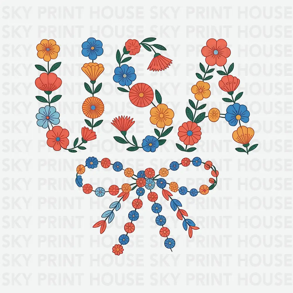 USA Flowers Floral Bow 4th of July Ready to Press DTF Transfer
