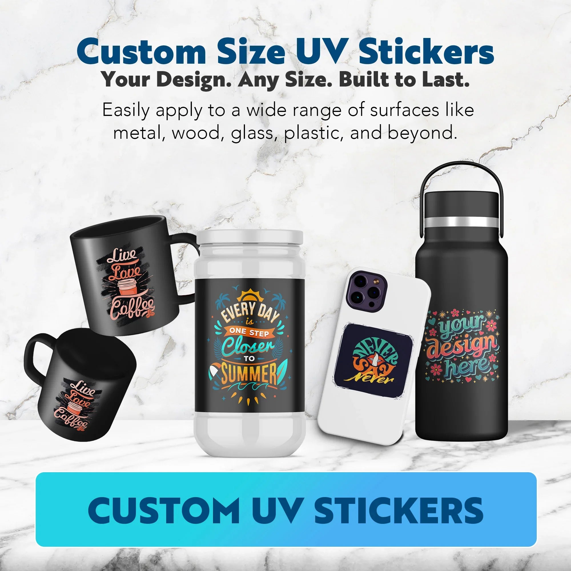 Custom UV Stickers - Custom Size UV Decals