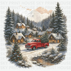 Vintage Red Truck Winter Village Design – Christmas Ready to Press DTF Transfer